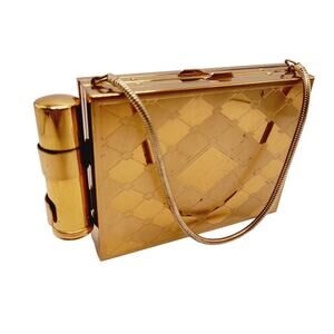 Vintage 1950s Gold Compact Case w Lipstick Mirror & Chain Purse Cigarette Case